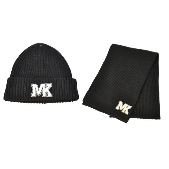Michael Kors Varsity Unisex Beanie Hat & Scarf 2 Piece Set Black $156 Nwt - Picture 1 of 5
